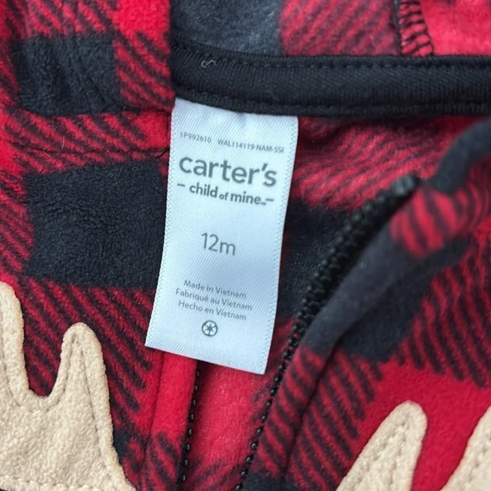 Carters 12 Months Moose jacket with zipper and hood. Red and black checked